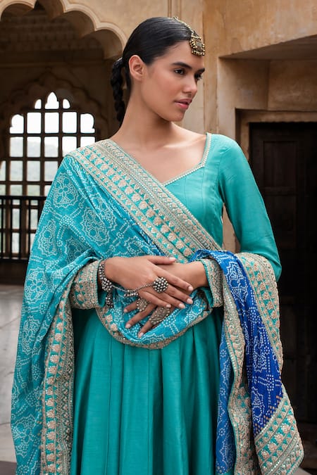 Shop Karaj Jaipur Blue Silk, Chanderi, Muslin Tassels, Embroidery Dori Kalidar Anarkali Set Online at Aza Fashions Shop_Karaj Jaipur_Blue Silk, Chanderi, Muslin Tassels, Embroidery Dori Kalidar Anarkali Set _Online_at_Aza_Fashions