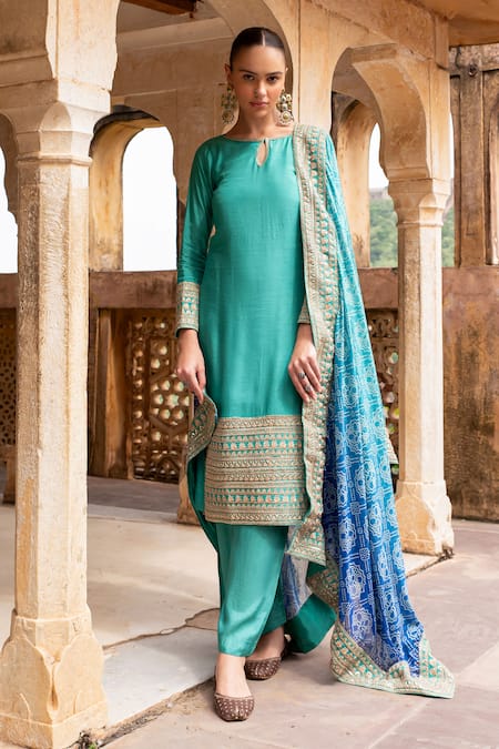 KARAJ JAIPUR Dori Embroidered Straight Kurta & Pant Set 