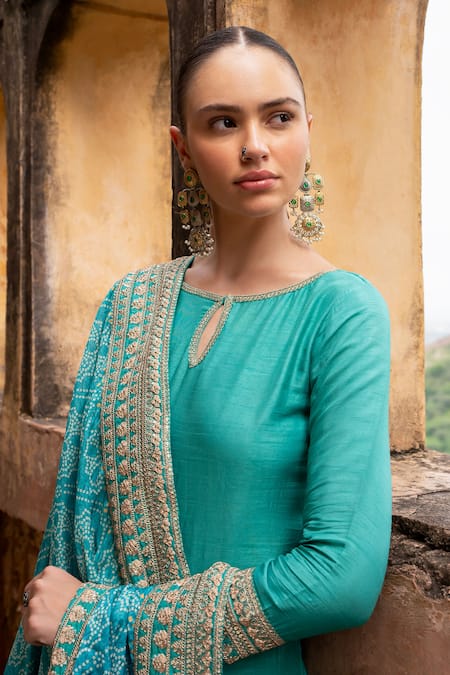 Karaj Jaipur_Blue Silk, Muslin Embroidery, Diamonds Round Neck Dori Kurta Set _at_Aza_Fashions