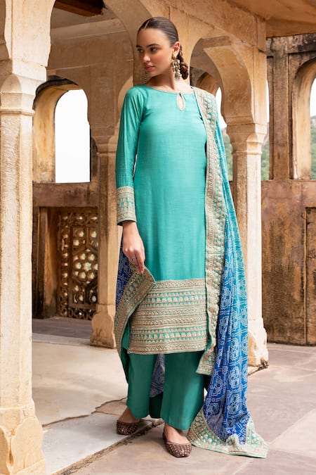 Buy_Karaj Jaipur_Blue Silk, Muslin Embroidery, Diamonds Round Neck Dori Kurta Set 