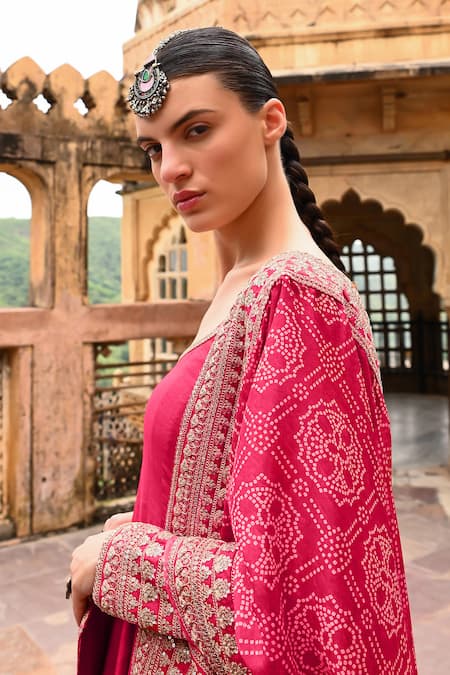 Karaj Jaipur_Pink Silk, Chanderi, Muslin Diamonds, Kalidar Anarkali Set With Bandhani Dupatta _Online_at_Aza_Fashions
