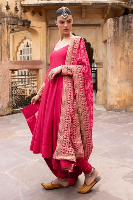 Buy_Karaj Jaipur_Pink Silk, Chanderi, Muslin Diamonds, Kalidar Anarkali Set With Bandhani Dupatta _Online_at_Aza_Fashions