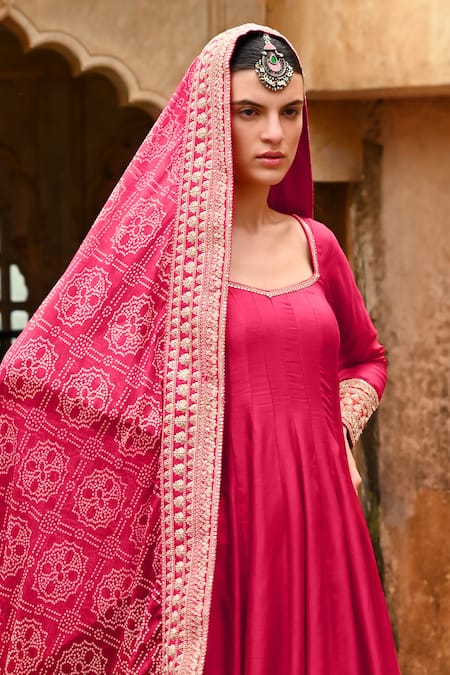 Shop_Karaj Jaipur_Pink Silk, Chanderi, Muslin Diamonds, Kalidar Anarkali Set With Bandhani Dupatta _Online_at_Aza_Fashions