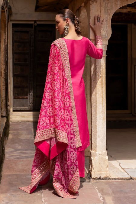 Shop_Karaj Jaipur_Pink Denim, Muslin Embroidery Round Neck Dola Silk Kurta Set _at_Aza_Fashions