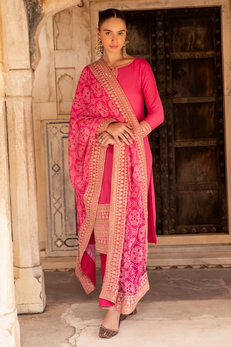 Buy_Karaj Jaipur_Pink Denim, Muslin Embroidery Round Neck Dola Silk Kurta Set _Online_at_Aza_Fashions