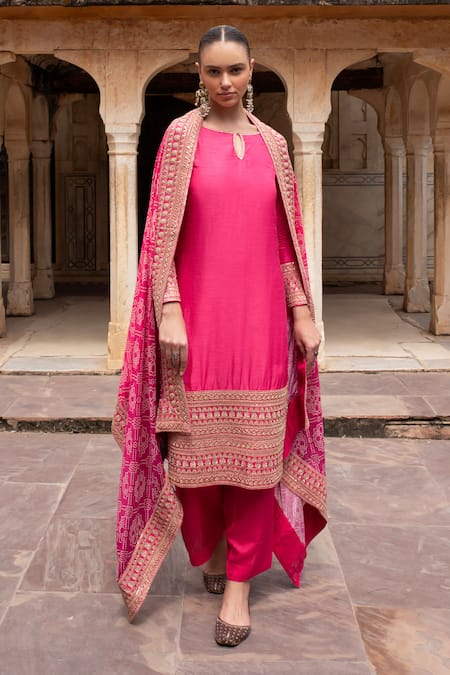 Shop_Karaj Jaipur_Pink Denim, Muslin Embroidery Round Neck Dola Silk Kurta Set _Online_at_Aza_Fashions