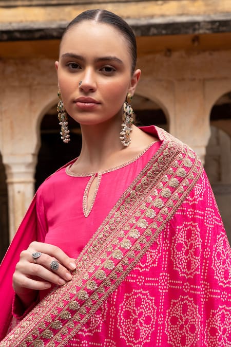 Karaj Jaipur_Pink Denim, Muslin Embroidery Round Neck Dola Silk Kurta Set _at_Aza_Fashions