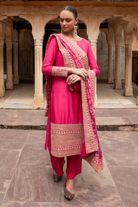 Buy_Karaj Jaipur_Pink Denim, Muslin Embroidery Round Neck Dola Silk Kurta Set 