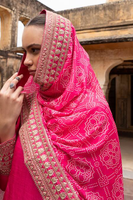 Shop_Karaj Jaipur_Pink Denim, Muslin Embroidery Round Neck Dola Silk Kurta Set 