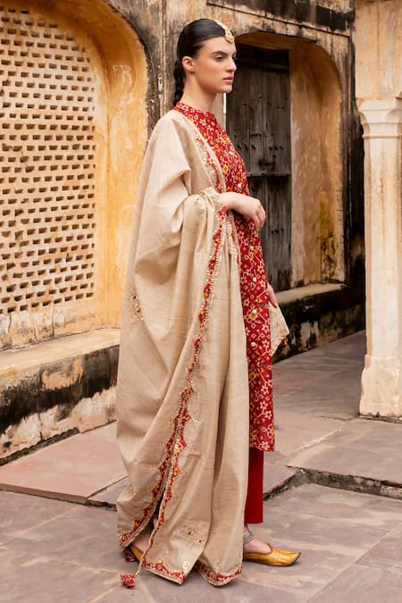 Buy_Karaj Jaipur_Red Chanderi, Cotton Tassels, Gota Patti, Mirrors, Patola Print Kurta Set _Online_at_Aza_Fashions