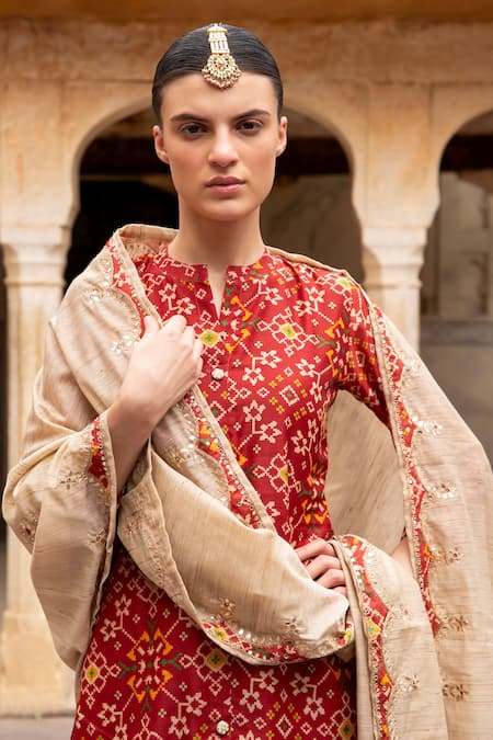 Shop_Karaj Jaipur_Red Chanderi, Cotton Tassels, Gota Patti, Mirrors, Patola Print Kurta Set _Online_at_Aza_Fashions