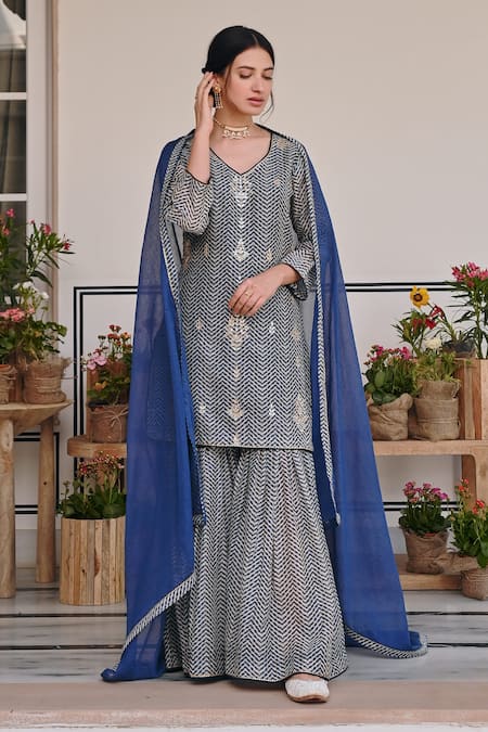 KARAJ JAIPUR Chanderi Mirror Embroidered Kurta & Sharara Set 