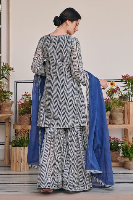 Shop_Karaj Jaipur_Blue Chanderi, Kota Doria Patti, Mirrors Chevron Print Kurta And Sharara Set _at_Aza_Fashions