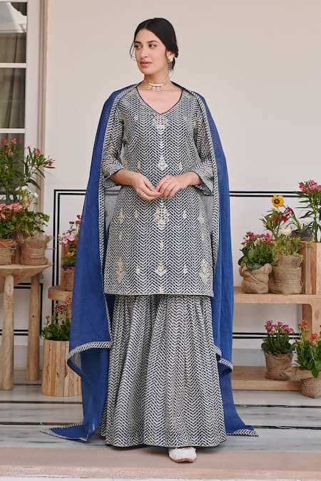 Karaj Jaipur_Blue Chanderi, Kota Doria Patti, Mirrors Chevron Print Kurta And Sharara Set _Online_at_Aza_Fashions