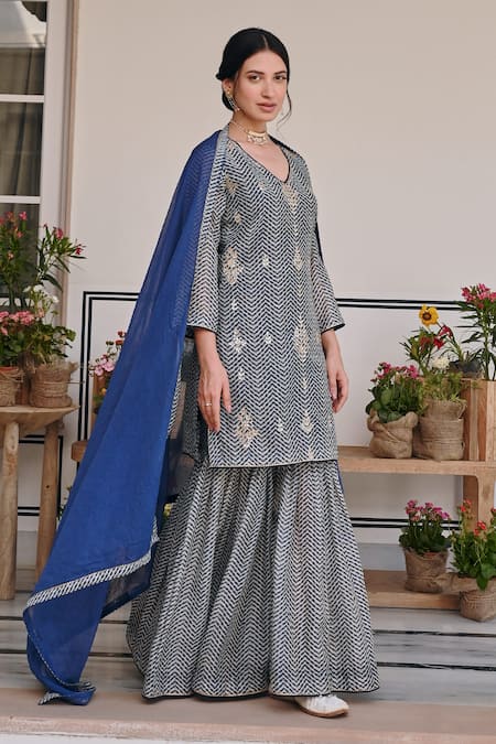 Buy_Karaj Jaipur_Blue Chanderi, Kota Doria Patti, Mirrors Chevron Print Kurta And Sharara Set _Online_at_Aza_Fashions