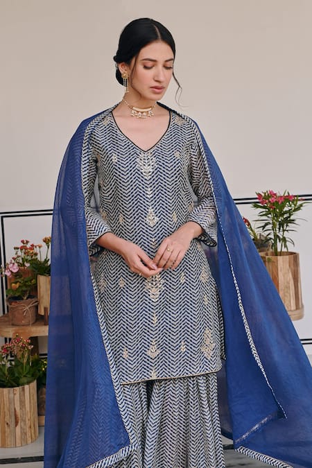 Shop_Karaj Jaipur_Blue Chanderi, Kota Doria Patti, Mirrors Chevron Print Kurta And Sharara Set _Online_at_Aza_Fashions