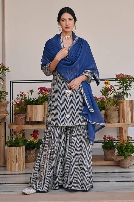 Karaj Jaipur_Blue Chanderi, Kota Doria Patti, Mirrors Chevron Print Kurta And Sharara Set _at_Aza_Fashions