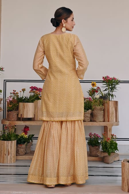 Shop_Karaj Jaipur_Yellow Chanderi, Kota Doria Embroidery, Chevron Print Kurta And Sharara Set _at_Aza_Fashions