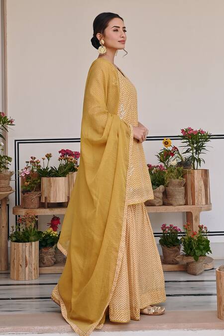 Buy_Karaj Jaipur_Yellow Chanderi, Kota Doria Embroidery, Chevron Print Kurta And Sharara Set _Online_at_Aza_Fashions