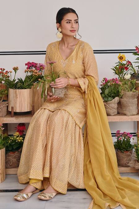 Karaj Jaipur_Yellow Chanderi, Kota Doria Embroidery, Chevron Print Kurta And Sharara Set _at_Aza_Fashions