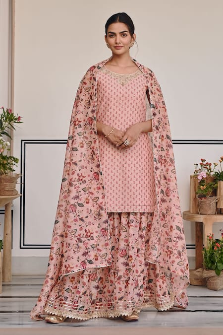 KARAJ JAIPUR Chanderi Floral Print Kurta & Sharara Set 