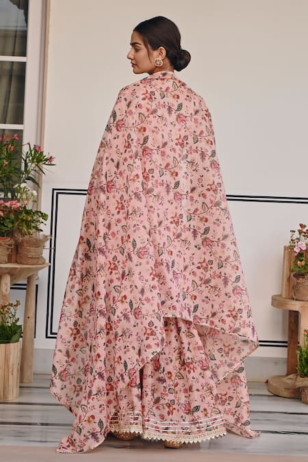 Shop Karaj Jaipur Pink Chanderi Mirrors, Zari, Embroidery Round Neck Floral Kurta And Sharara Set at Aza Fashions Shop_Karaj Jaipur_Pink Chanderi Mirrors, Zari, Embroidery Round Neck Floral Kurta And Sharara Set _at_Aza_Fashions