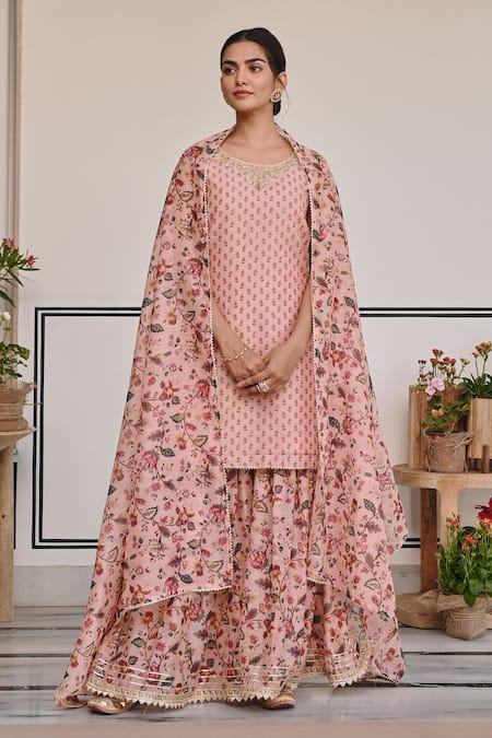 Karaj Jaipur Pink Chanderi Mirrors, Zari, Embroidery Round Neck Floral Kurta And Sharara Set Online at Aza Fashions Karaj Jaipur_Pink Chanderi Mirrors, Zari, Embroidery Round Neck Floral Kurta And Sharara Set _Online_at_Aza_Fashions