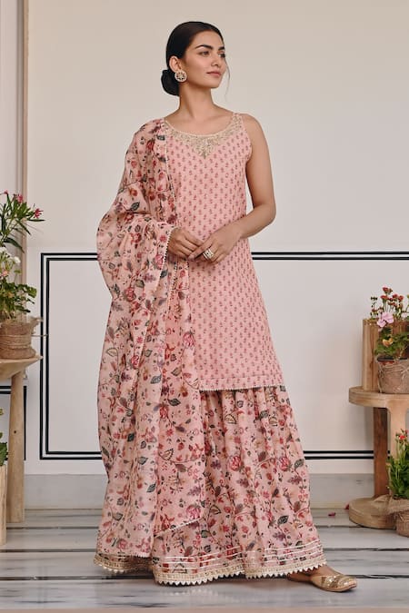 Buy Karaj Jaipur Pink Chanderi Mirrors, Zari, Embroidery Round Neck Floral Kurta And Sharara Set Online at Aza Fashions Buy_Karaj Jaipur_Pink Chanderi Mirrors, Zari, Embroidery Round Neck Floral Kurta And Sharara Set _Online_at_Aza_Fashions