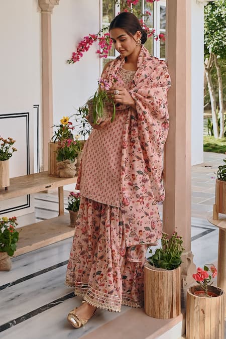 Karaj Jaipur Pink Chanderi Mirrors, Zari, Embroidery Round Neck Floral Kurta And Sharara Set at Aza Fashions Karaj Jaipur_Pink Chanderi Mirrors, Zari, Embroidery Round Neck Floral Kurta And Sharara Set _at_Aza_Fashions