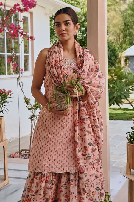 Buy Karaj Jaipur Pink Chanderi Mirrors, Zari, Embroidery Round Neck Floral Kurta And Sharara Set Buy_Karaj Jaipur_Pink Chanderi Mirrors, Zari, Embroidery Round Neck Floral Kurta And Sharara Set