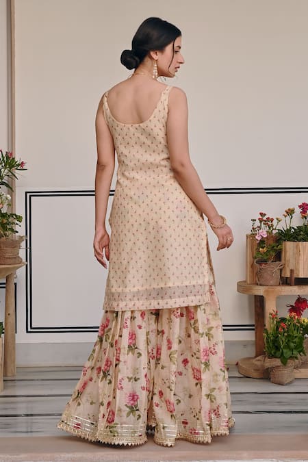 Karaj Jaipur Floral Print Chanderi Kurta & Sharara Set 