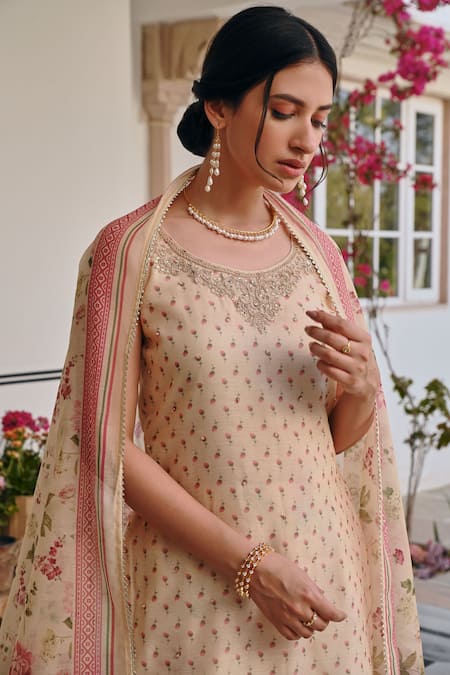 Karaj Jaipur Cream Chanderi Embroidery, Zari, Gota Patti, Floral Print Kurta And Sharara Set Online at Aza Fashions Karaj Jaipur_Cream Chanderi Embroidery, Zari, Gota Patti, Floral Print Kurta And Sharara Set _Online_at_Aza_Fashions
