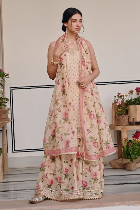 Buy Karaj Jaipur Cream Chanderi Embroidery, Zari, Gota Patti, Floral Print Kurta And Sharara Set Online at Aza Fashions Buy_Karaj Jaipur_Cream Chanderi Embroidery, Zari, Gota Patti, Floral Print Kurta And Sharara Set _Online_at_Aza_Fashions