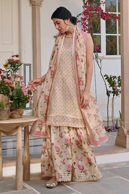 Shop Karaj Jaipur Cream Chanderi Embroidery, Zari, Gota Patti, Floral Print Kurta And Sharara Set Online at Aza Fashions Shop_Karaj Jaipur_Cream Chanderi Embroidery, Zari, Gota Patti, Floral Print Kurta And Sharara Set _Online_at_Aza_Fashions