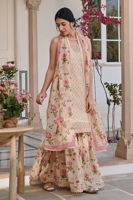 Karaj Jaipur Cream Chanderi Embroidery, Zari, Gota Patti, Floral Print Kurta And Sharara Set at Aza Fashions Karaj Jaipur_Cream Chanderi Embroidery, Zari, Gota Patti, Floral Print Kurta And Sharara Set _at_Aza_Fashions
