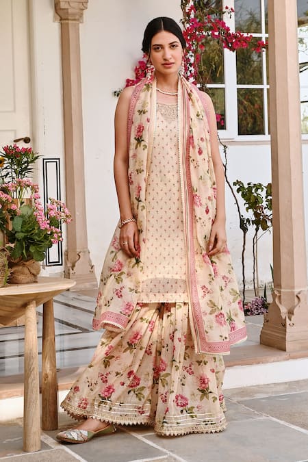Buy Karaj Jaipur Cream Chanderi Embroidery, Zari, Gota Patti, Floral Print Kurta And Sharara Set Buy_Karaj Jaipur_Cream Chanderi Embroidery, Zari, Gota Patti, Floral Print Kurta And Sharara Set