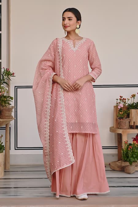 KARAJ JAIPUR Floral Thread Embroidered Kurta & Sharara Set 