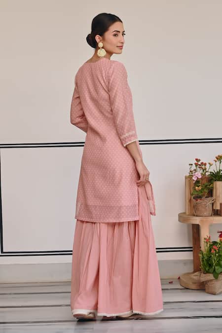 Karaj Jaipur Floral Thread Embroidered Kurta & Sharara Set 