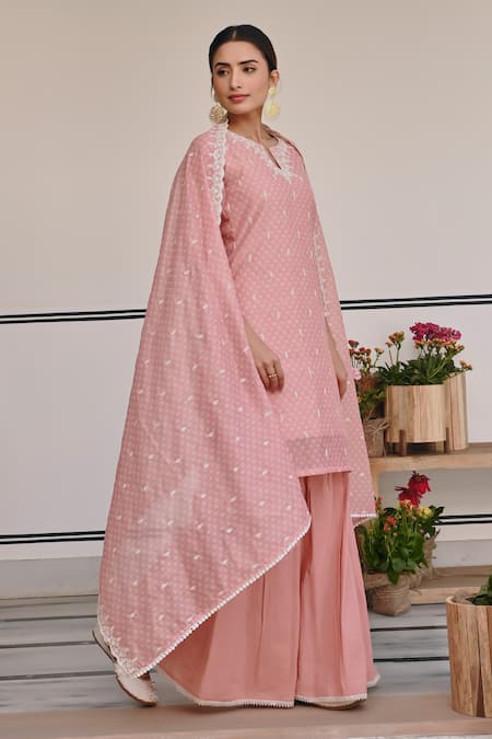 Karaj Jaipur_Peach Chanderi, Cotton Embroidery, Sequins Floral Thread Kurta And Sharara Set _Online_at_Aza_Fashions