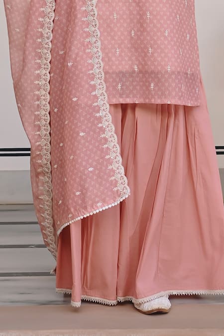 Buy_Karaj Jaipur_Peach Chanderi, Cotton Embroidery, Sequins Floral Thread Kurta And Sharara Set _Online_at_Aza_Fashions