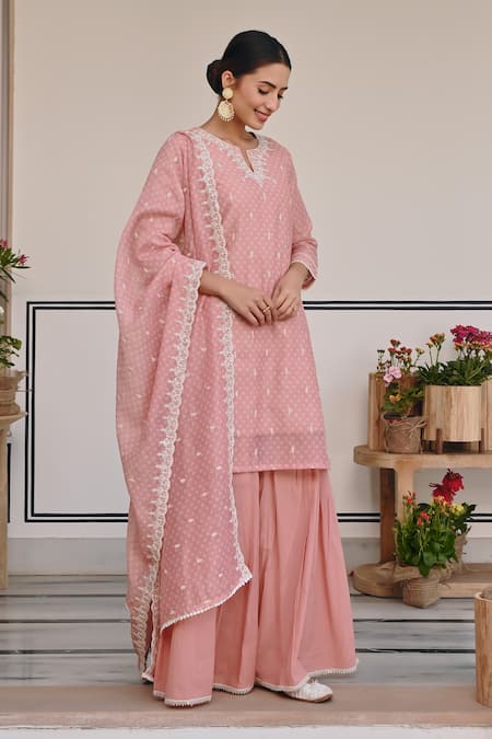 Shop_Karaj Jaipur_Peach Chanderi, Cotton Embroidery, Sequins Floral Thread Kurta And Sharara Set _Online_at_Aza_Fashions