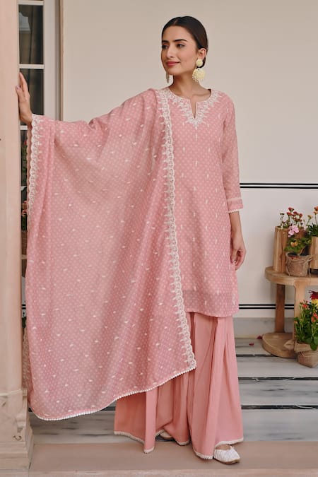 Karaj Jaipur_Peach Chanderi, Cotton Embroidery, Sequins Floral Thread Kurta And Sharara Set _at_Aza_Fashions