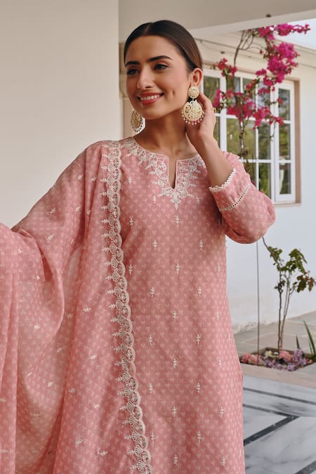 Buy_Karaj Jaipur_Peach Chanderi, Cotton Embroidery, Sequins Floral Thread Kurta And Sharara Set 