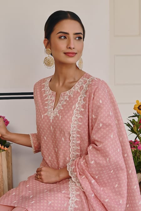 Shop_Karaj Jaipur_Peach Chanderi, Cotton Embroidery, Sequins Floral Thread Kurta And Sharara Set 