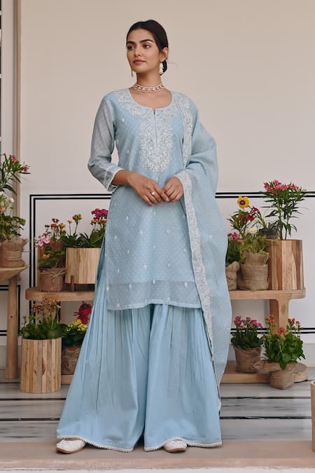 KARAJ JAIPUR Floral Thread Embroidered Kurta & Sharara Set 