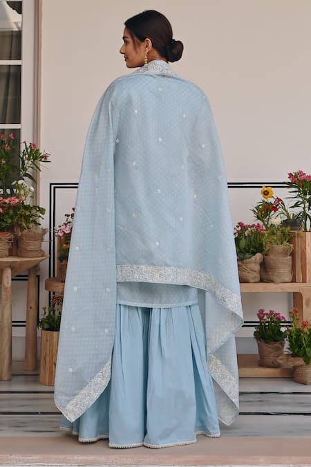 Karaj Jaipur Floral Thread Embroidered Kurta & Sharara Set 