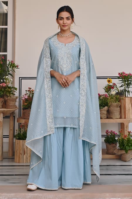 Buy_Karaj Jaipur_Sky Blue Chanderi, Cotton Embroidery, Sequins Floral Thread Kurta And Sharara Set _Online_at_Aza_Fashions