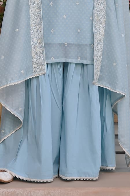 Shop_Karaj Jaipur_Sky Blue Chanderi, Cotton Embroidery, Sequins Floral Thread Kurta And Sharara Set _Online_at_Aza_Fashions