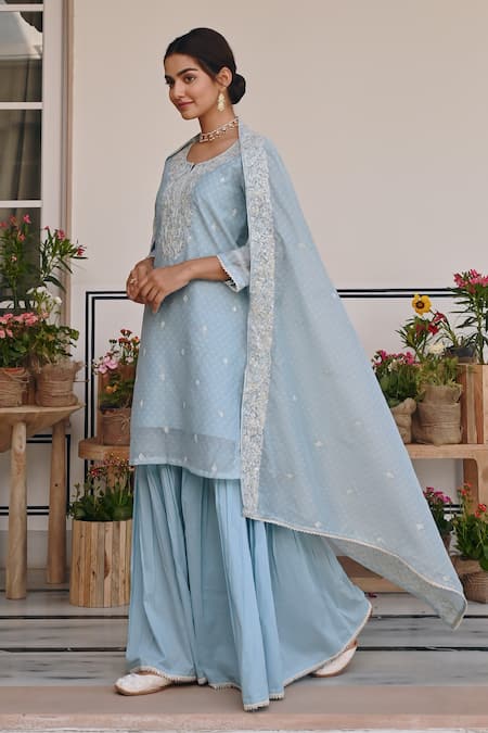 Karaj Jaipur_Sky Blue Chanderi, Cotton Embroidery, Sequins Floral Thread Kurta And Sharara Set _at_Aza_Fashions