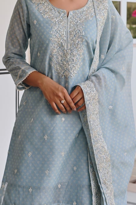 Buy_Karaj Jaipur_Sky Blue Chanderi, Cotton Embroidery, Sequins Floral Thread Kurta And Sharara Set 